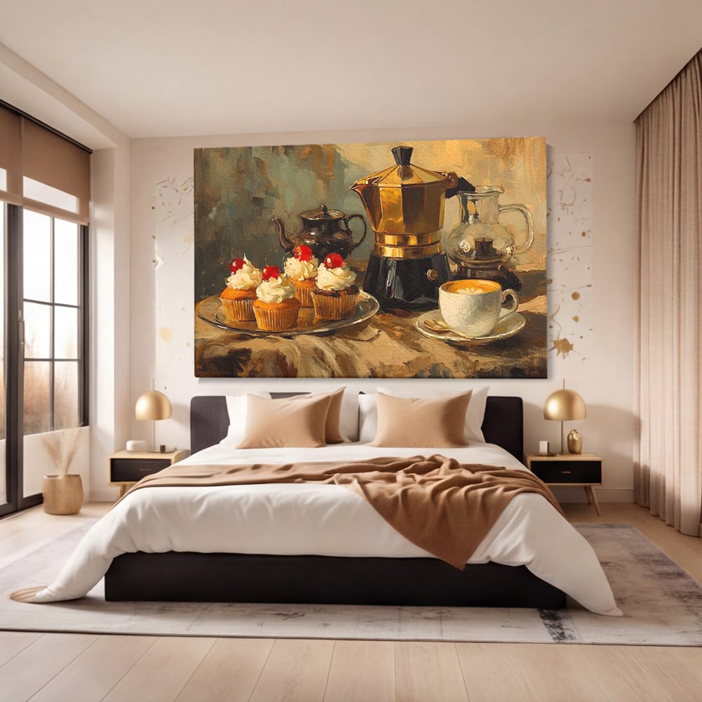 Tablou canvas cu pictura statica cu briose si cafea, fara rama, pe sasiu de lemn, pe perete intr-un dormitor
